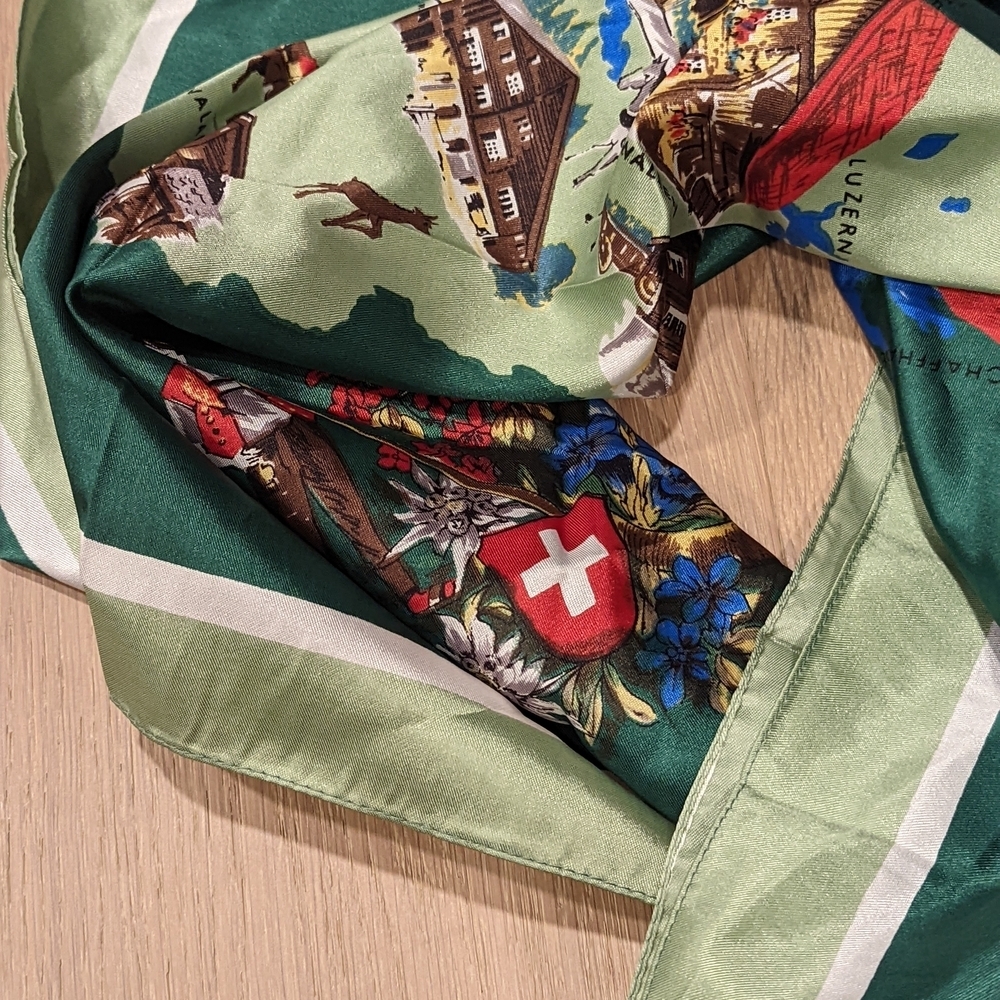 Green Silk Scarf with Swiss Map Design - Picture 3 of 8